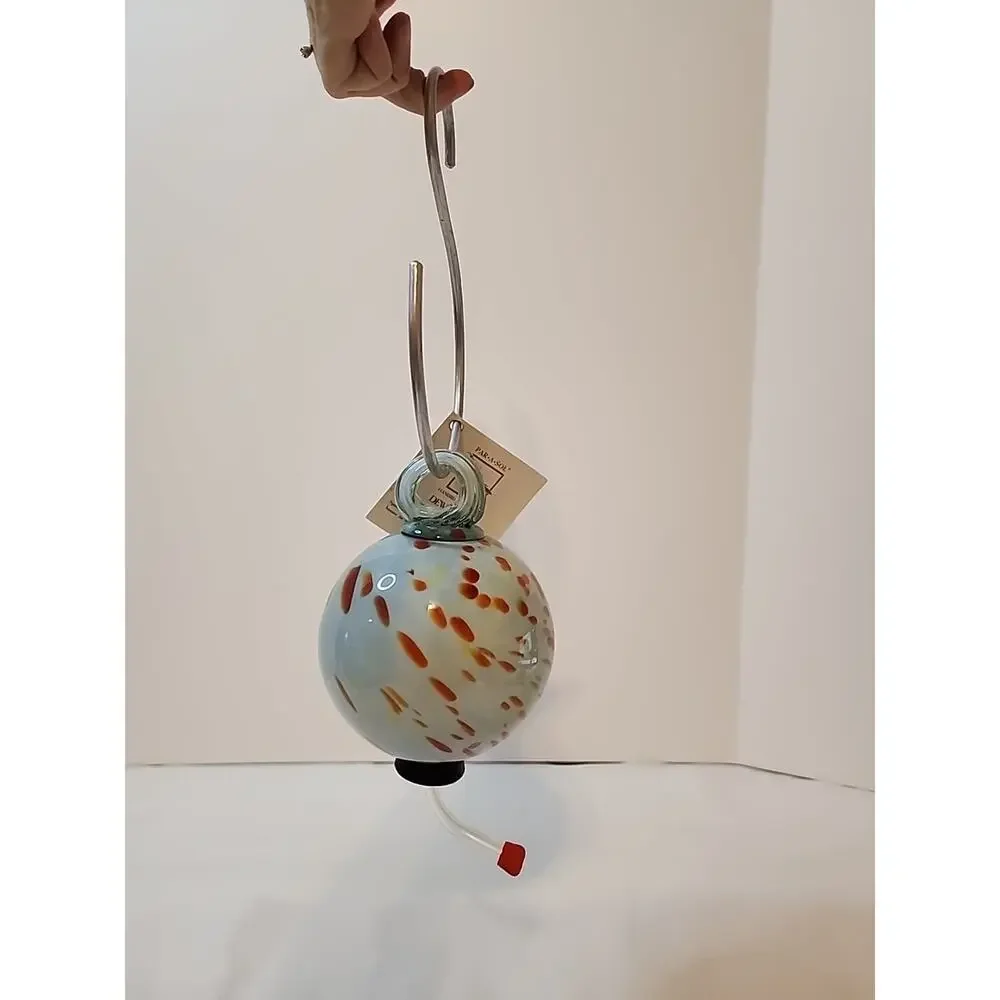 Hand Blown Parasol Recycled Glass Hummingbird Feeder Mini Droplet Aqua Swirl